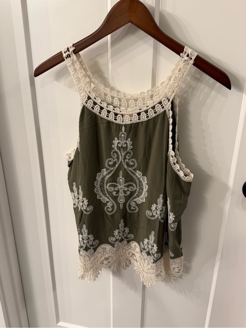 Crochet-Trim Olive Tank Top with Ivory Lace Embroidery